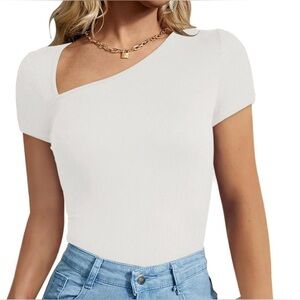 REORIA Women's Sexy Asymmetrical Neck Short Sleeve Ribbed Slimming Bodysuit